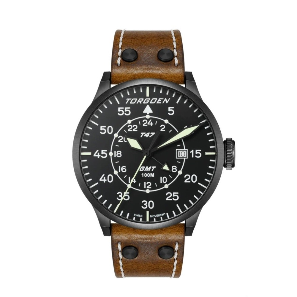 NWT Torgoen T47 Jumbo Black Sapphire‎ GMT 47mm, Brown Leather Strap Retail $325